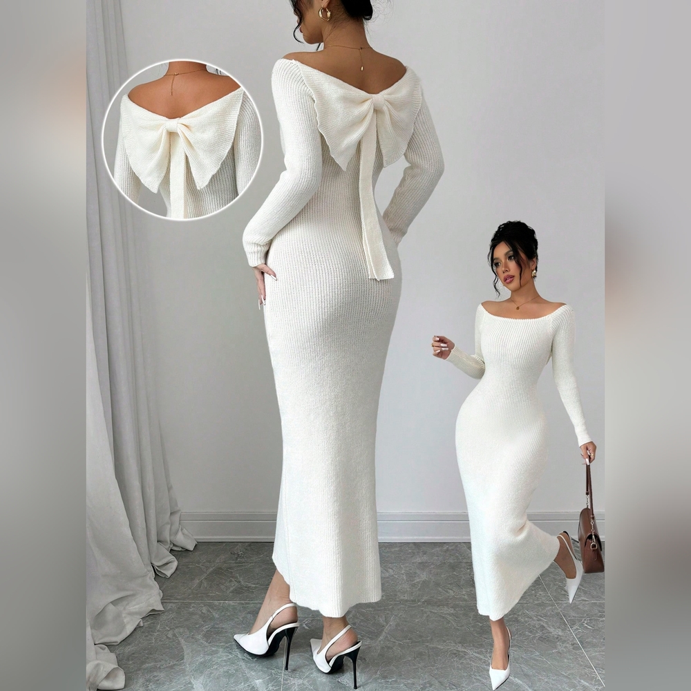 Women's Off Shoulder Bowknot Sweater Dress, Elegant Design For Autumn/Winter - Picture 7 of 7